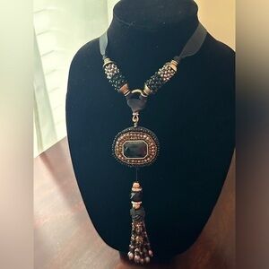 Vintage Metal and Black Glass Beaded Ribbon Necklace